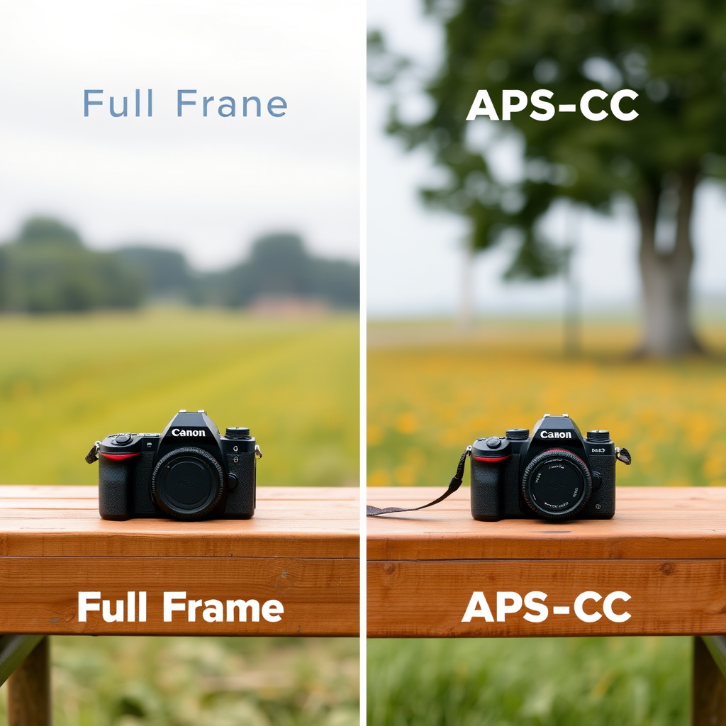Comparaison visuelle entre boitiers plein format et APS C poses sur une table de terrain