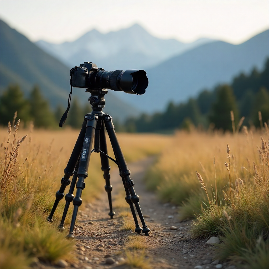Monopode et trepied installes en pleine nature pour stabiliser un teleobjectif lourd