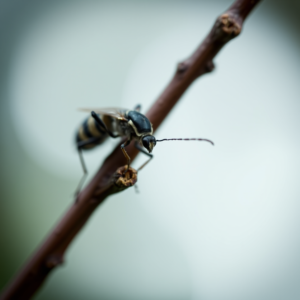 Objectif macro capturant un insecte sur une branche avec un flou darriere plan