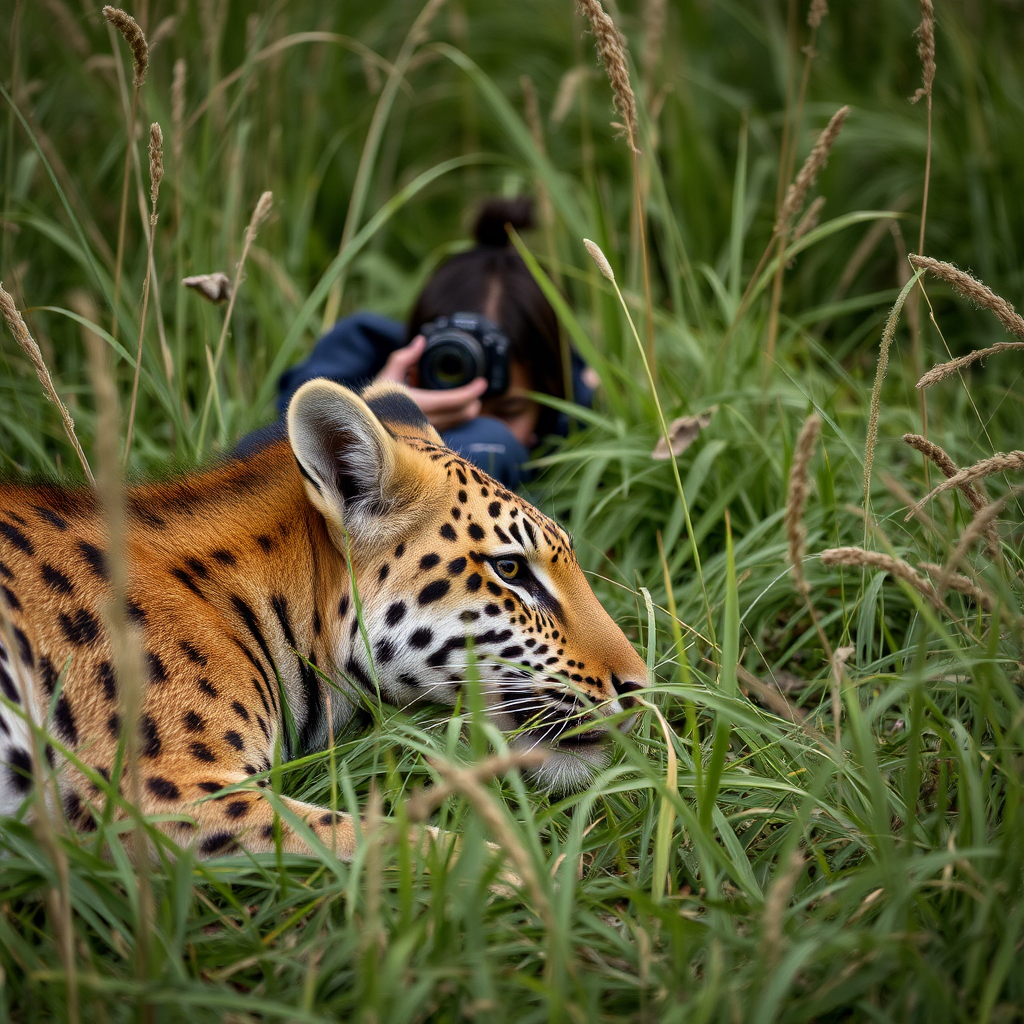 Photographe camouflé allongé dans l’herbe pour photographier un animal sans le déranger.