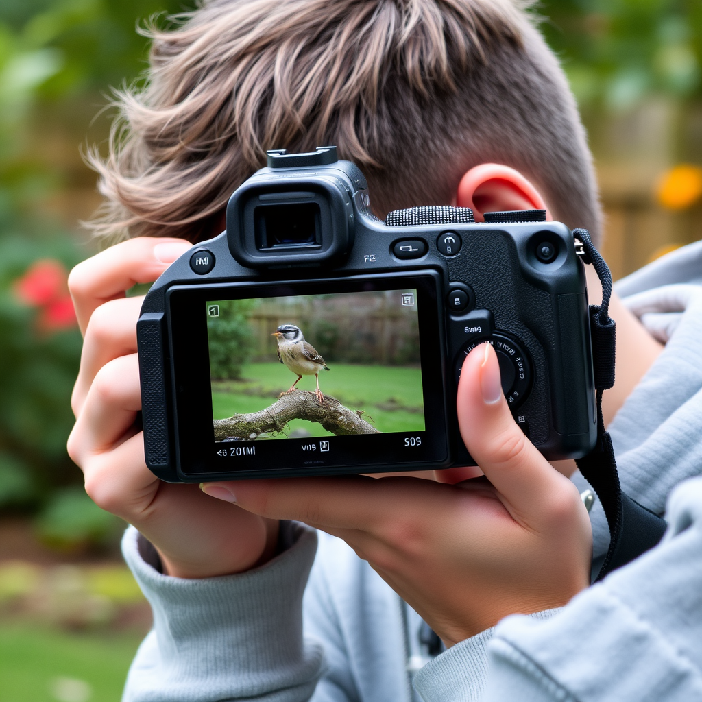 Photographe débutant utilisant un zoom économique pour capturer un oiseau au jardin.