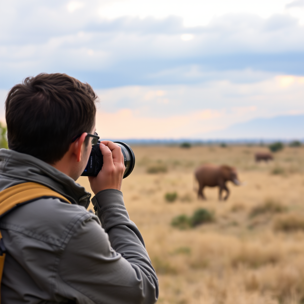 Photographe observant un animal à distance avec prudence et respect.