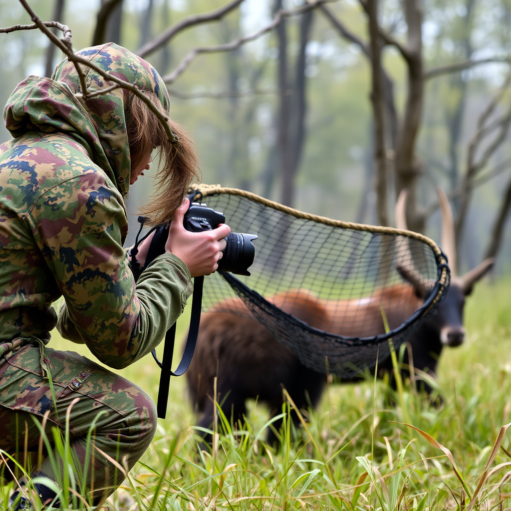 Photographe utilisant un filet de camouflage pour s’approcher discrètement d’un animal.