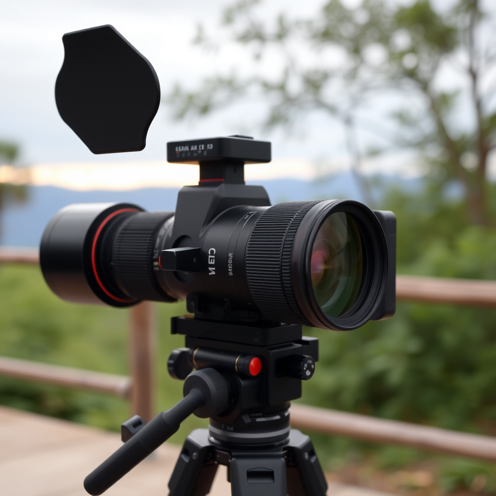 Teleobjectif professionnel monte sur un trepied face a une zone dobservation