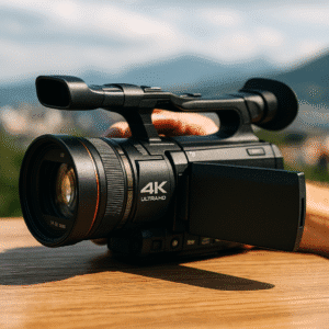 caméscope moderne avec objectif lumineux et écran orientable