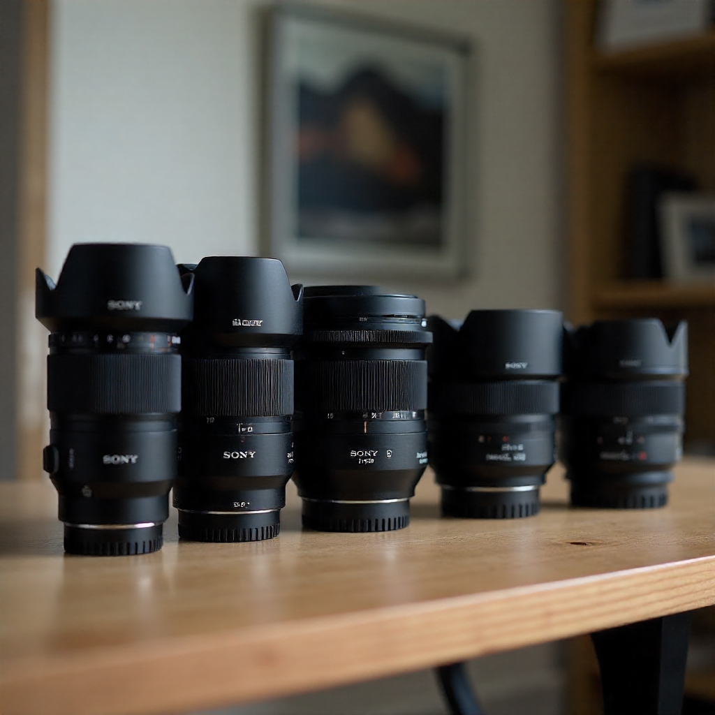 Collection dobjectifs Sony FE et E mount alignes sur une table illustrant la diversite de la gamme 2025