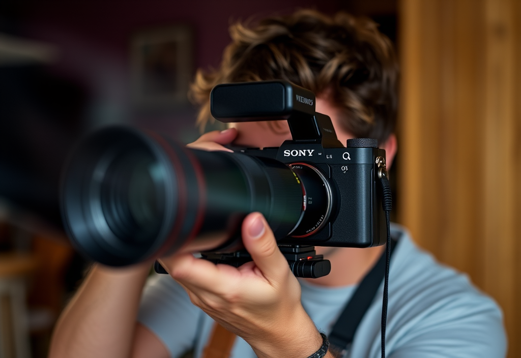 Créateur de contenu filmant avec un appareil Sony et un objectif lumineux pour le vlog