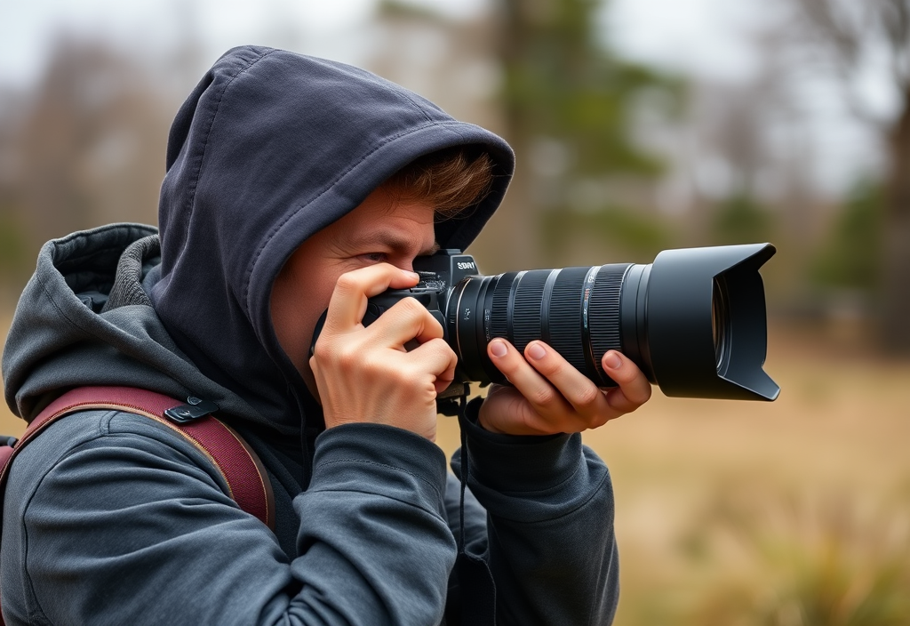 Photographe en action utilisant un objectif Sony en extérieur pour un reportage terrain