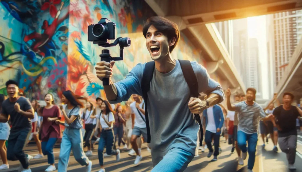 Créateur de contenu utilisant un stabilisateur smartphone pour filmer une vidéo fluide sans tremblements en extérieur.