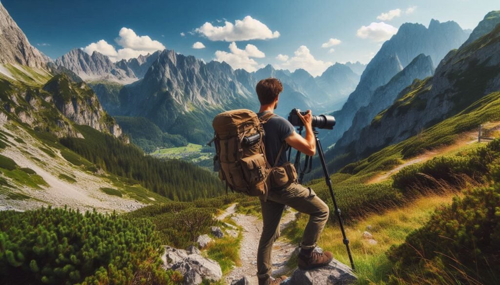 Transport d'un trépied en carbone léger lors d'une session de photographie animalière en montagne.