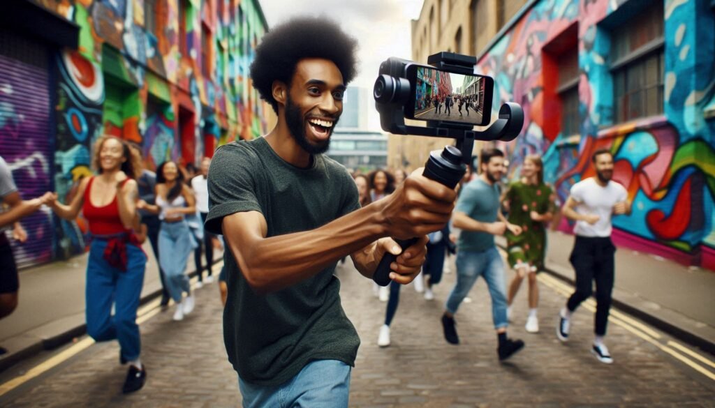 Vlogueur utilisant le mode suivi de visage d'un stabilisateur smartphone pour rester cadré tout en marchant.