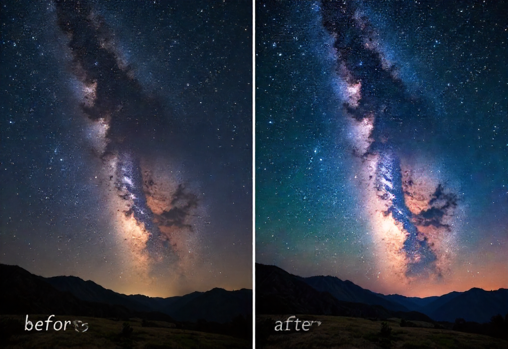 Comparaison avant et apres post traitement dune photo de la Voie lactee