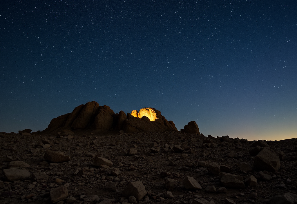 Premier plan rocheux éclairé légèrement par light painting sous un ciel étoilé