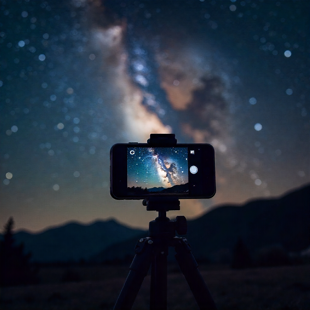 Smartphone sur trépied photographiant la Voie lactée en mode nuit