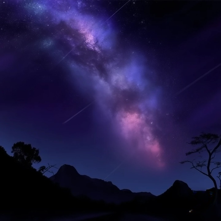 Voie lactée traversant le ciel nocturne au-dessus d’un paysage sombre, capturée en pose longue