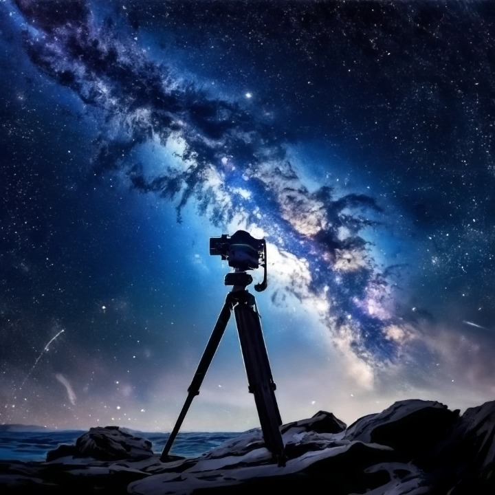 Appareil photo sur trépied orienté vers la Voie lactée pendant une nuit claire