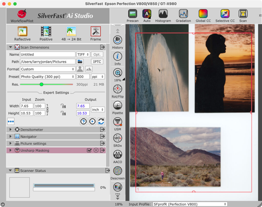 Interface du logiciel SilverFast — réglages avancés pour la numérisation de films argentiques.