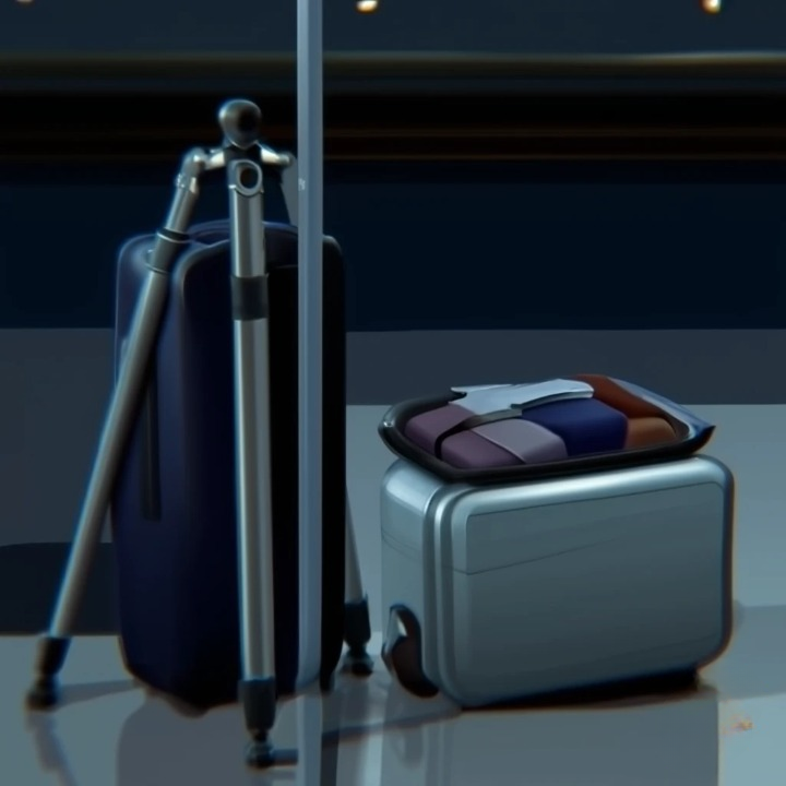 Un trepied de voyage pose a cote dune valise cabine ou range a linterieur.