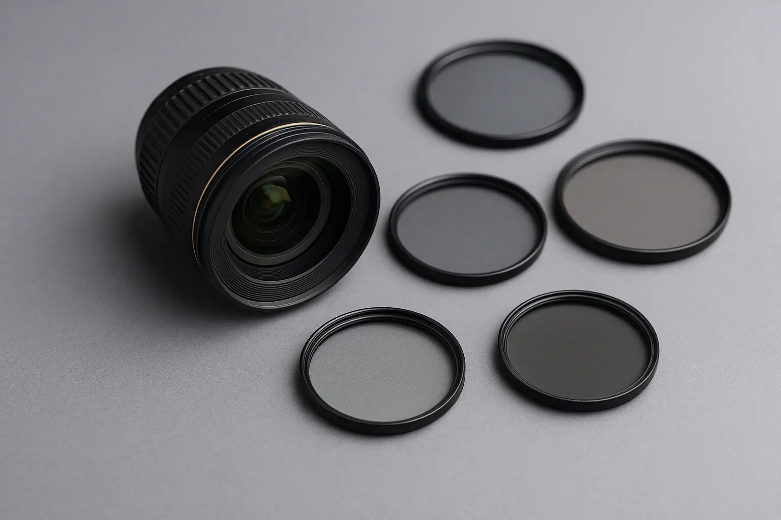 Objectif photo reflex entouré de filtres UV, Skylight et ND