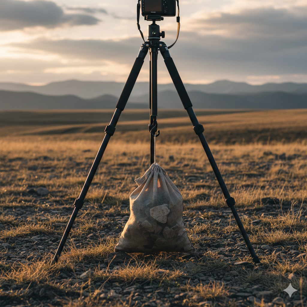 Utilisation d'un sac photo sur le crochet de lestage du trépied pour stabiliser le matériel par grand vent