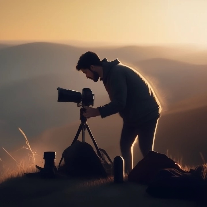 Un photographe réglant son matériel sur le terrain (immobilier ou paysage).