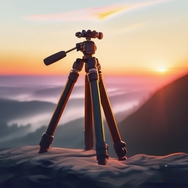 Trépied photo compact et léger utilisé en voyage pour capturer un paysage au lever du soleil