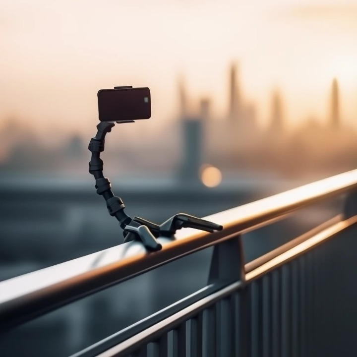 Trépied flexible pour smartphone posé sur une rambarde, idéal pour vlog et création de contenu