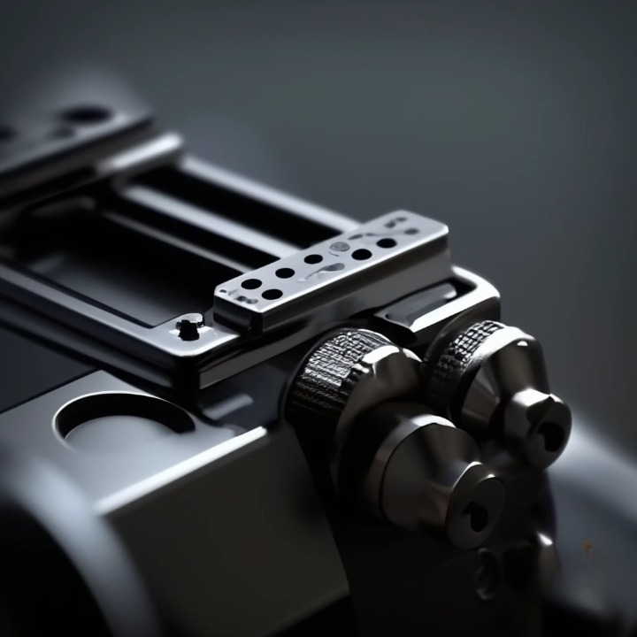 Détail d'une tête panoramique réglable avec rail compatible Arca-Swiss et graduations de précision.