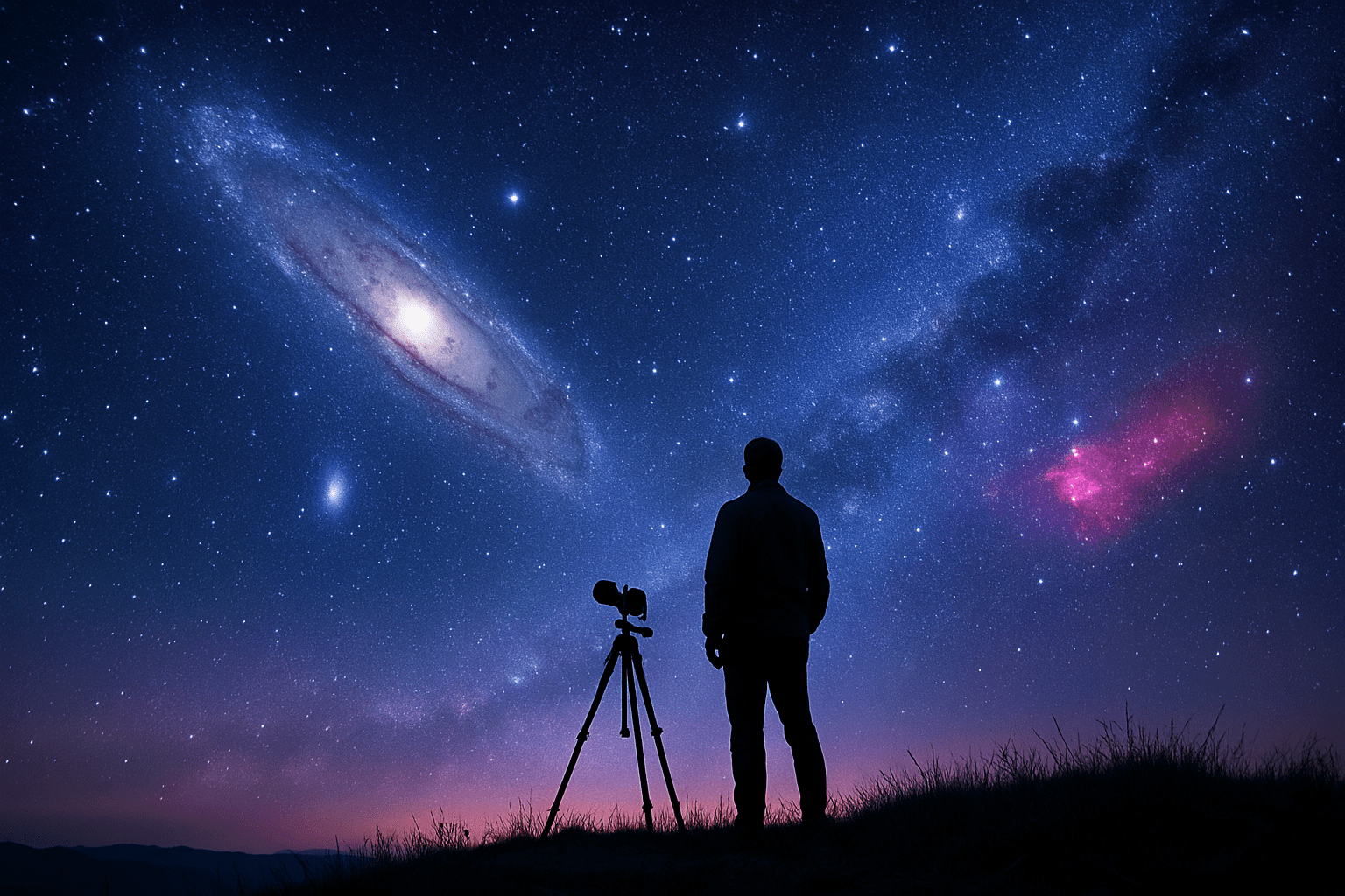 Un ciel étoilé profond, Une galaxie spirale visible à l’œil nu, Une silhouette de photographe ou appareil sur trépied, Une ambiance poétique
