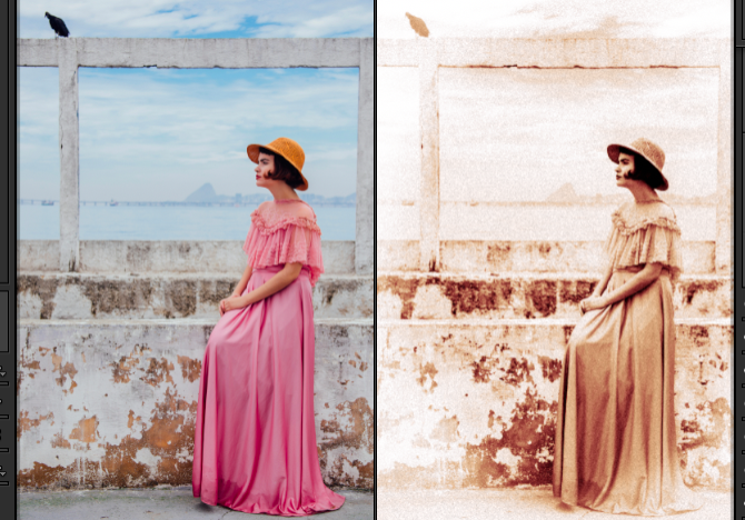 Comment Donner un Effet Vintage à Vos Photos avec Lightroom : Guide Pas à Pas 15 Une femme vêtue d'une robe rose et d'un chapeau marron se tient près d'un mur de béton usé par les intempéries, à proximité de la mer. L'image est divisée en deux parties : la moitié gauche en couleur et la moitié droite avec un effet de filtre sépia.
