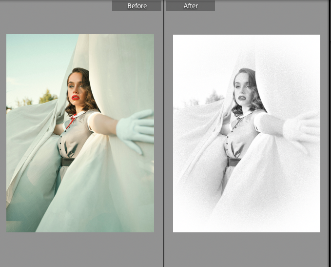 Comment Donner un Effet Vintage à Vos Photos avec Lightroom : Guide Pas à Pas 18 Une femme avec du rouge à lèvres rouge se tient debout, les bras tendus à travers des rideaux blancs. L'image de gauche est en couleur et l'image de droite est éditée en noir et blanc avec un effet de grain