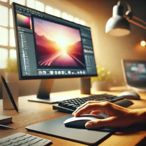 Une main humaine en train d'utiliser une souris d'ordinateur moderne sur un bureau bien éclairé, avec un fond flou mettant en valeur un écran d'ordina