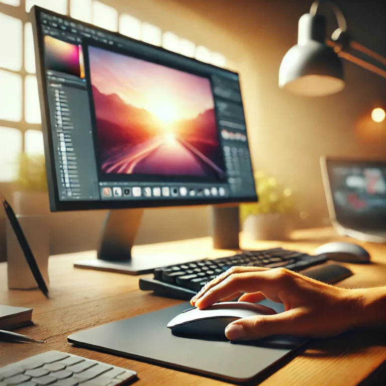 Retouche Photo 6 Une main humaine en train d'utiliser une souris d'ordinateur moderne sur un bureau bien éclairé, avec un fond flou mettant en valeur un écran d'ordina