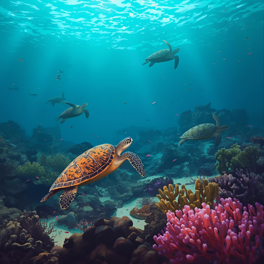 Tortues nageant autour des récifs protégés de l’archipel Daymaniyat, eaux chaudes et biodiversité unique de la région.