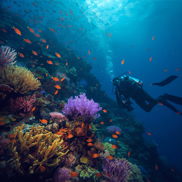 Récif corallien coloré illuminé par la lumière naturelle, avec un plongeur photographe observant des poissons tropicaux — atmosphère immersive de photographie sous-marine.