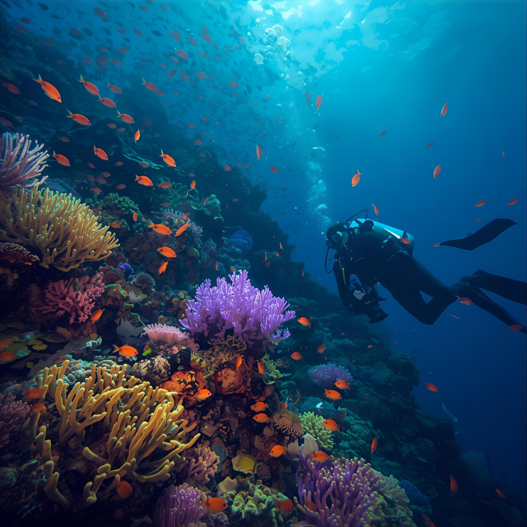 Récif corallien coloré illuminé par la lumière naturelle, avec un plongeur photographe observant des poissons tropicaux — atmosphère immersive de photographie sous-marine.