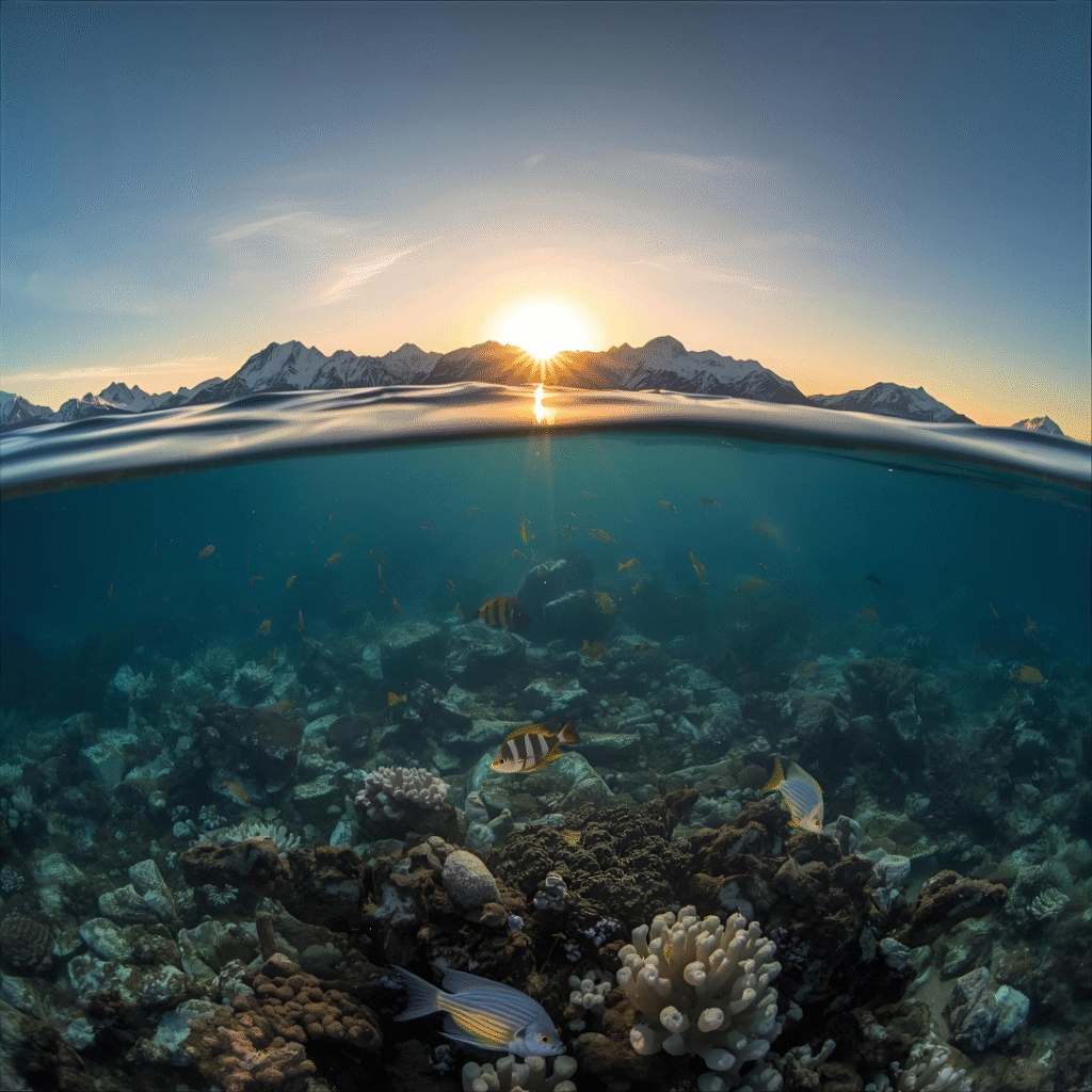 Vue sous-marine montrant une eau cristalline, des coraux intacts et une grande variété de poissons, illustrant l’importance de la visibilité en photographie sous-marine.