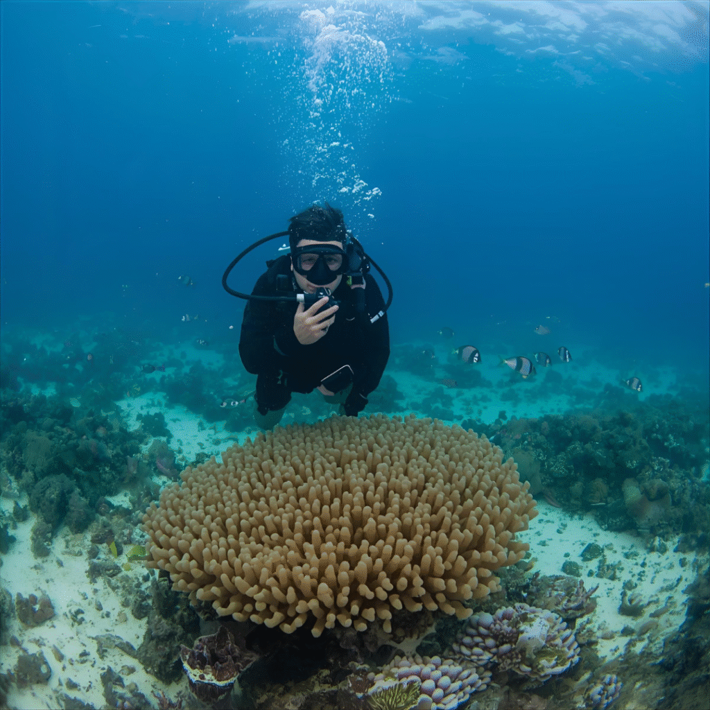 Plongeur en train de photographier un récif peu profond à Bonaire, lumière douce et parfaite pour la macro sous-marine.