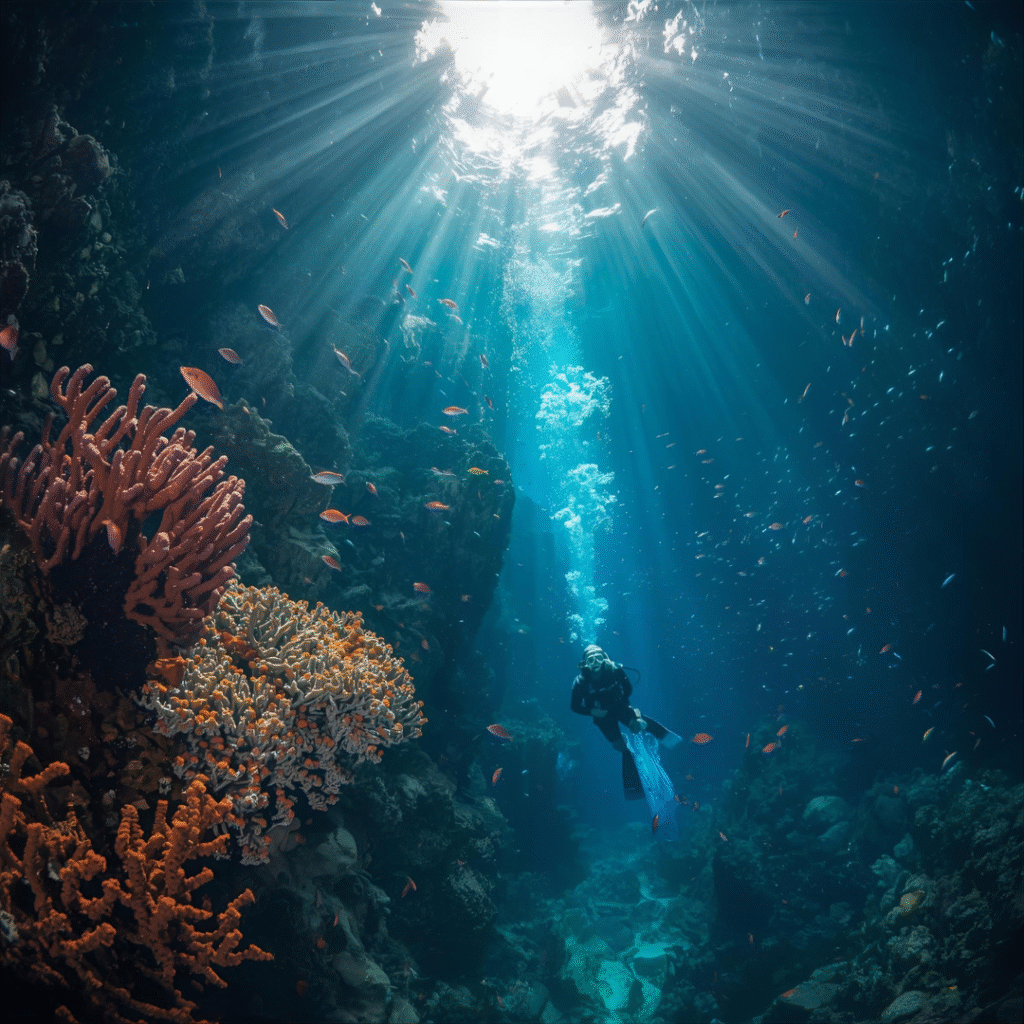 Canyon sous-marin de la baie de Sodwana avec une grande diversité de poissons et un plongeur explorant les reliefs.