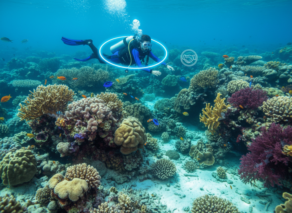 Plongeur respectant les distances de sécurité autour des coraux sans les toucher, symbole de bonne conduite sous-marine.