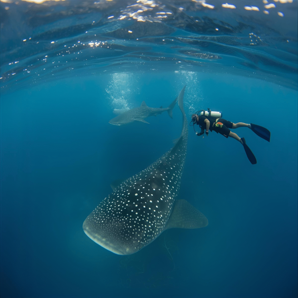 Requins-baleines nageant dans les eaux turquoises des Maldives avec un plongeur photographe capturant la scène en grand-angle