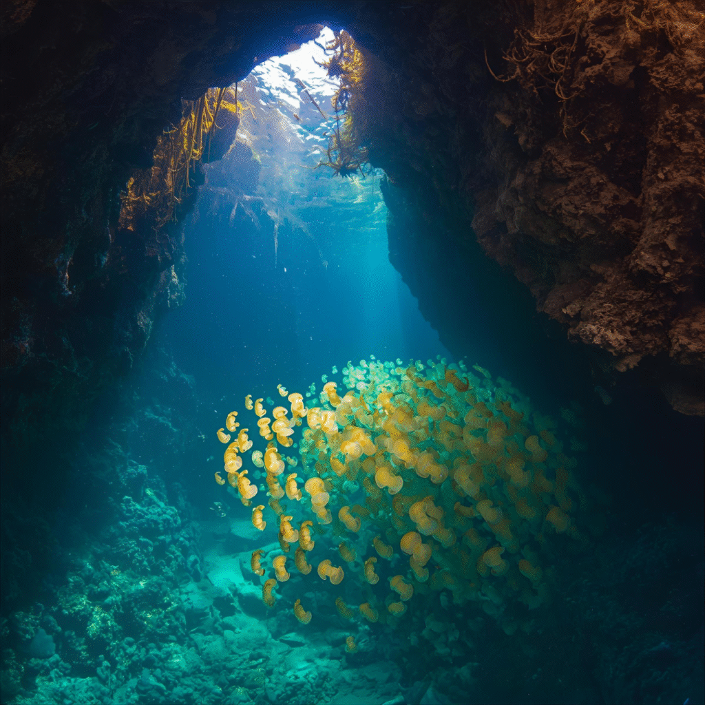 Paysage sous-marin spectaculaire de Palau avec tunnels rocheux et banc de méduses dorées dans le célèbre Jellyfish Lake.