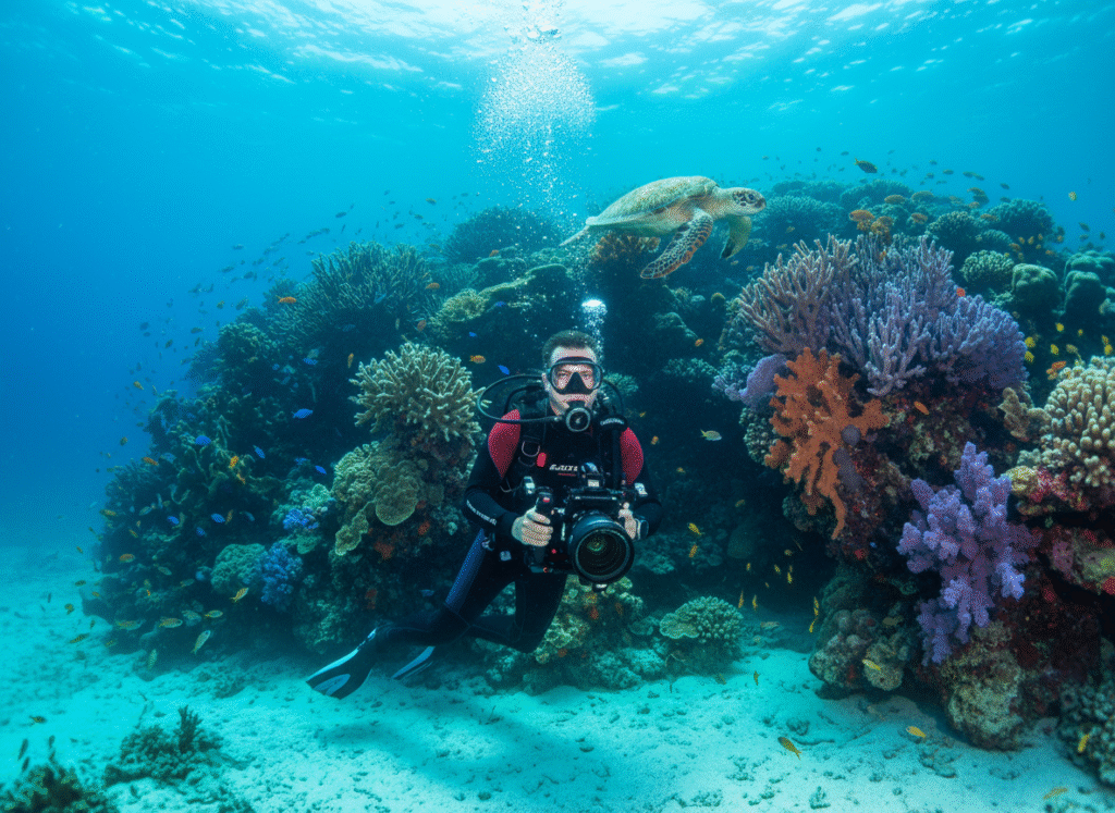 Photographe sous-marin utilisant un objectif grand-angle devant un récif massif.
