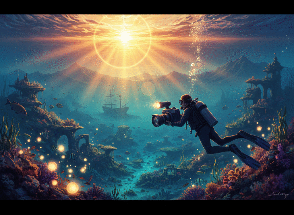 Plongeur observant un vaste paysage sous marin au coucher du soleil