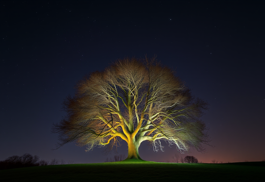 Light Painting : Guide Créatif Ultime pour Photographier la Nuit, le Ciel Étoilé et la Voie Lactée 8 Arbre éclairé en light painting sous un ciel étoilé lors d’une photo de nuit