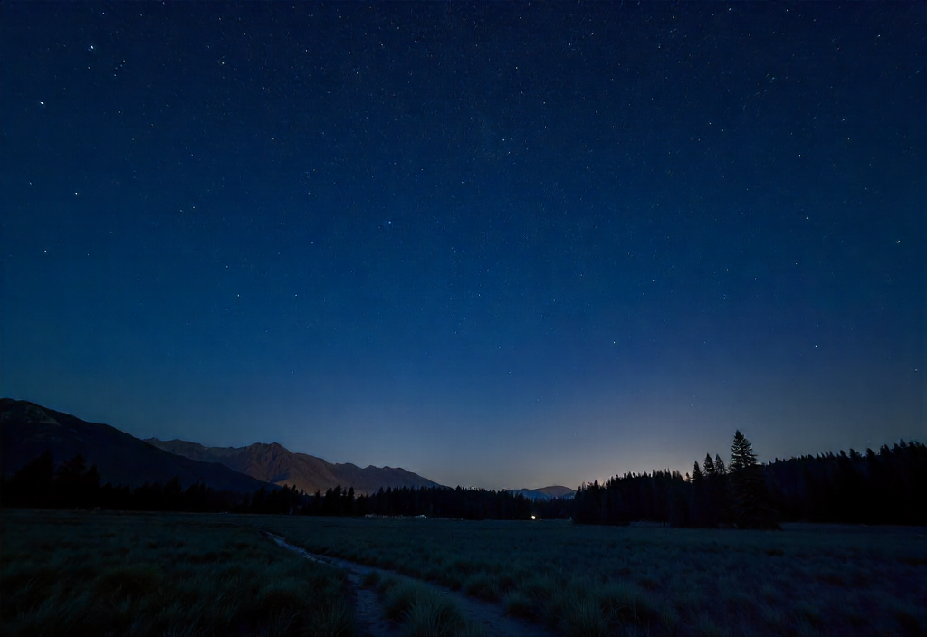 Light Painting : Guide Créatif Ultime pour Photographier la Nuit, le Ciel Étoilé et la Voie Lactée 6 Ciel étoilé clair au-dessus d’un paysage nocturne sublimé par un éclairage discret