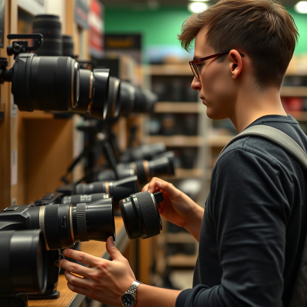Comment choisir son objectif photo ? Le guide ultime 2026 (Grand angle, Macro, 50mm, Zooms) 10 Debutant comparant plusieurs objectifs dans un magasin photo hesitant entre differentes focales