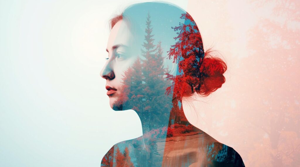 Double exposition colorée réalisée dans Photoshop avec deux photos superposées.