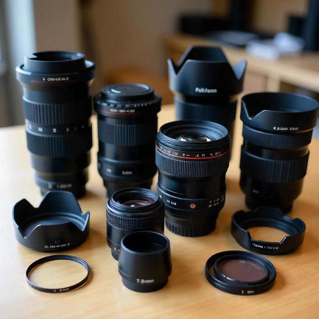 Comment choisir son objectif photo ? Le guide ultime 2026 (Grand angle, Macro, 50mm, Zooms) 9 Ensemble d’objectifs photo rangés sur une table avec pare-soleil et filtres, montrant l’importance du choix du matériel.