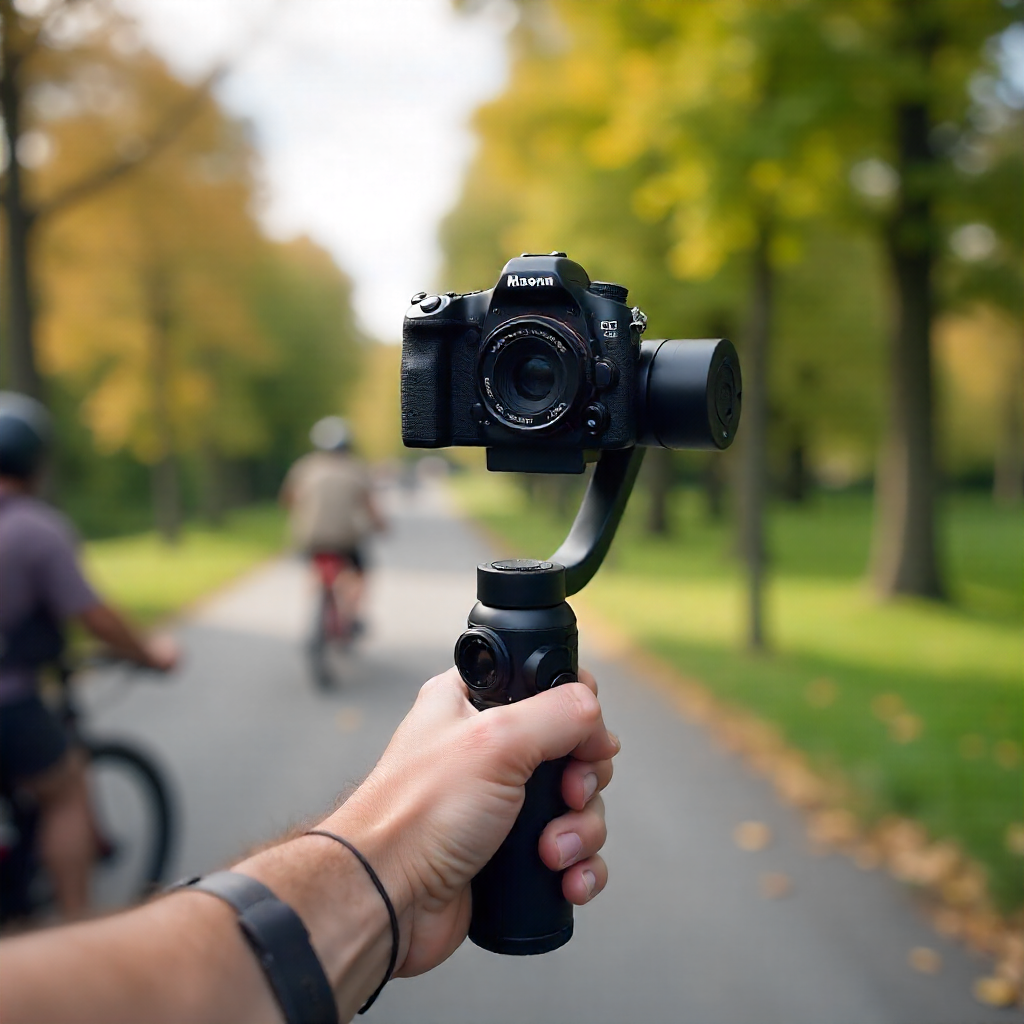 Gimbal 3 axes stabilisant une caméra lors d’un vlog en mouvement.